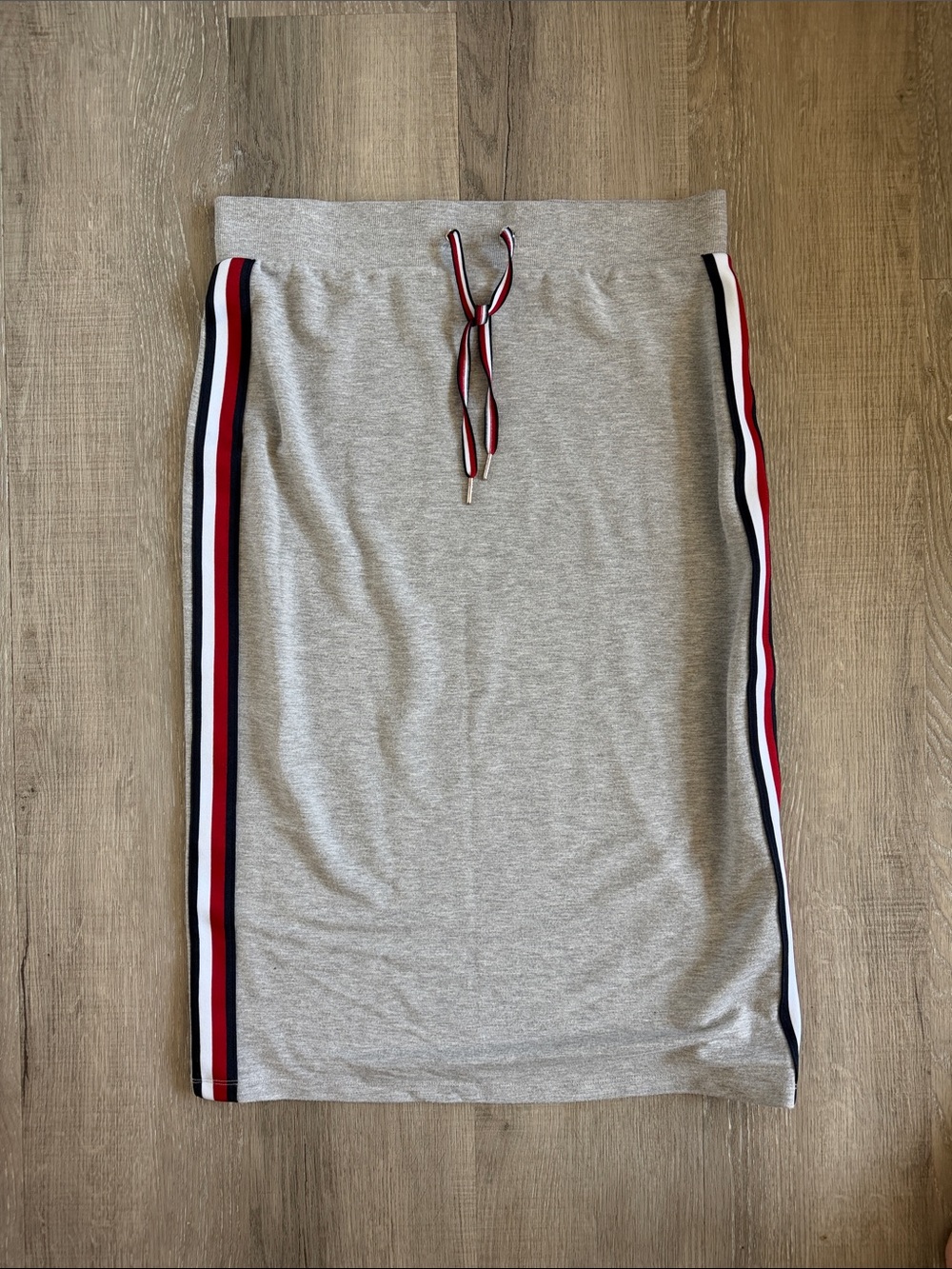 Tommy Hilfiger Side Logo Stripe Knit Midi Pencil Skirt - Heather Grey - Size L